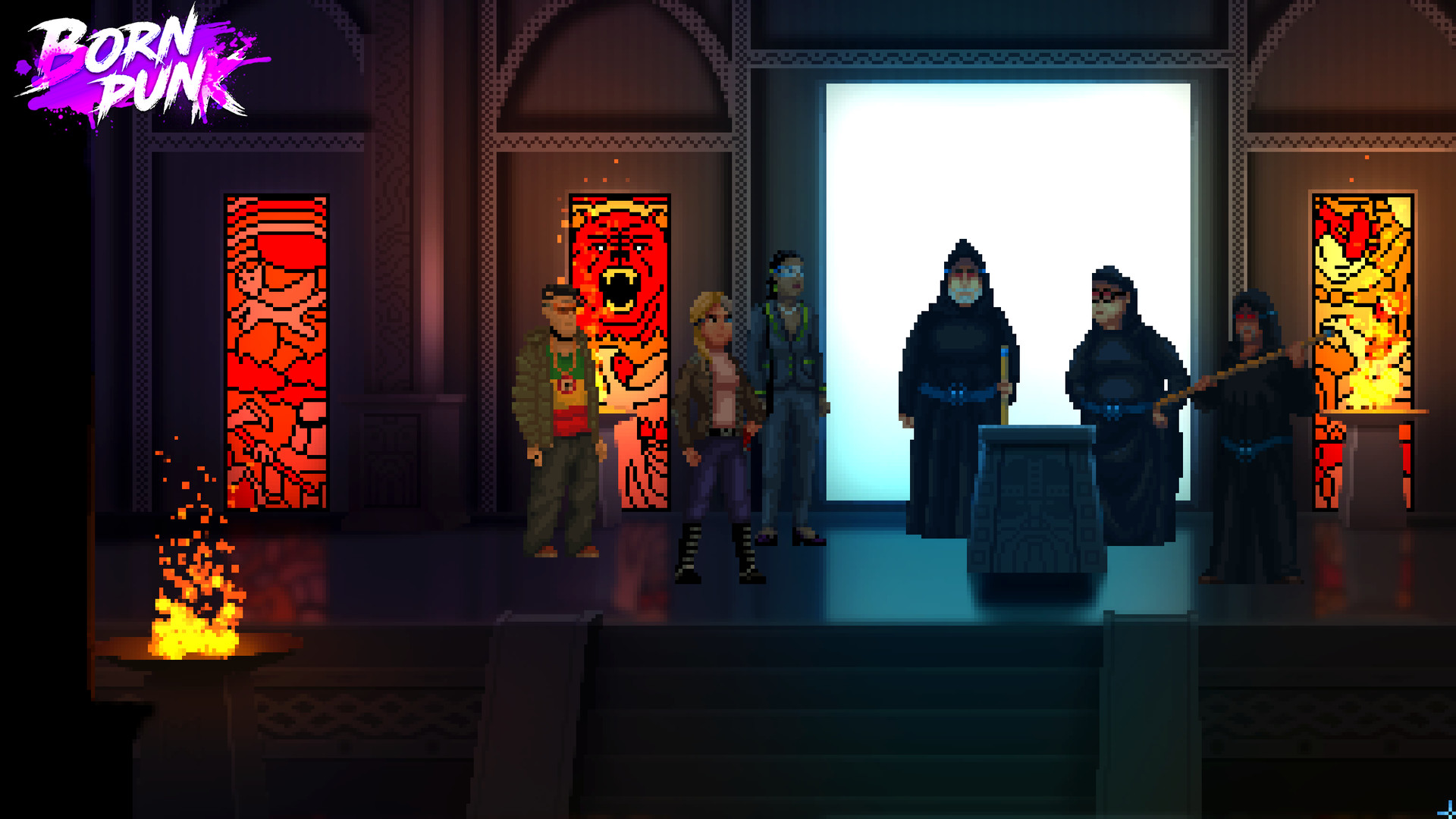 Three protagonists face off against robed figures in a firelit temple