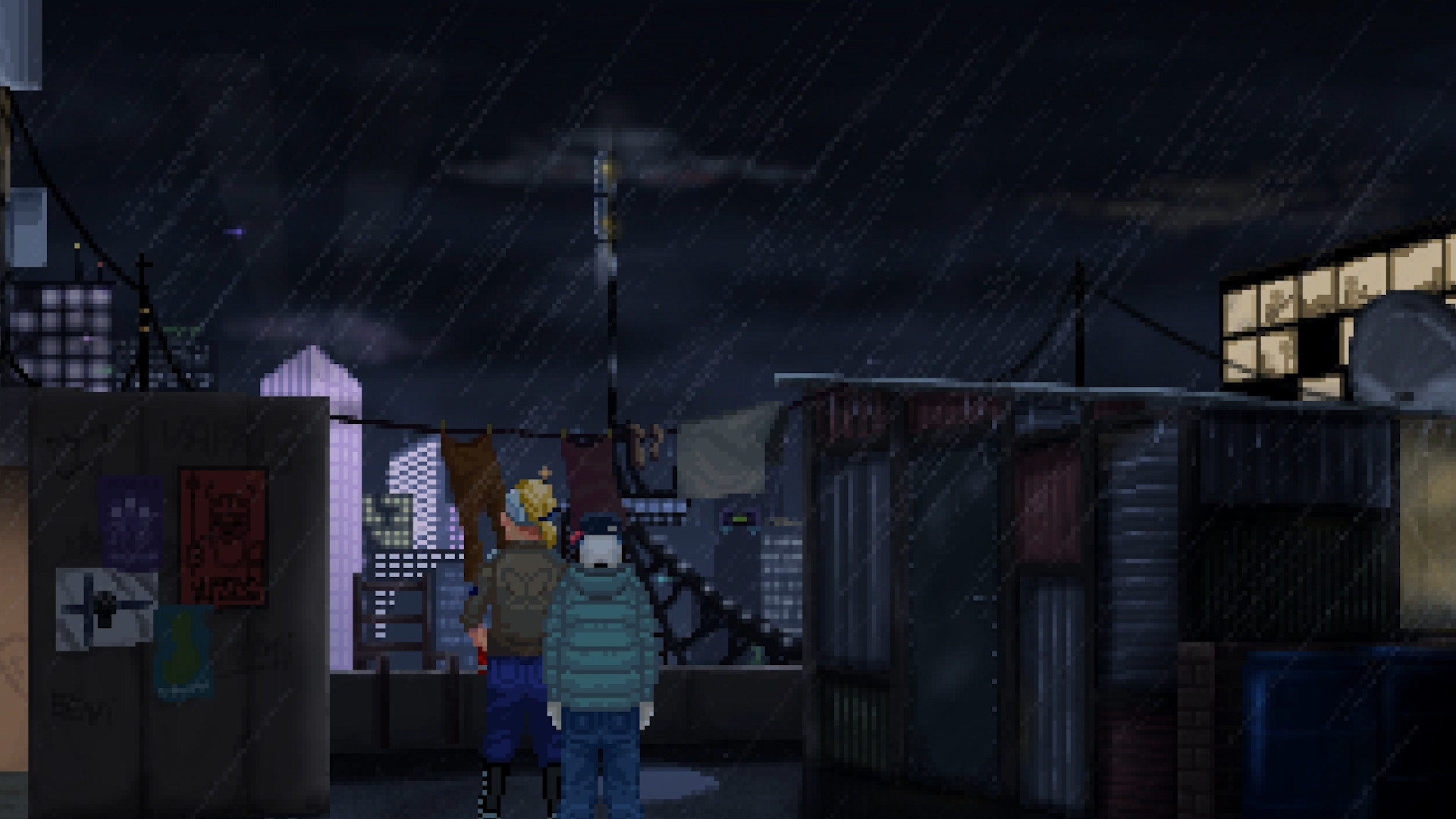 A rainy cyberpunk rooftop overlooking the city