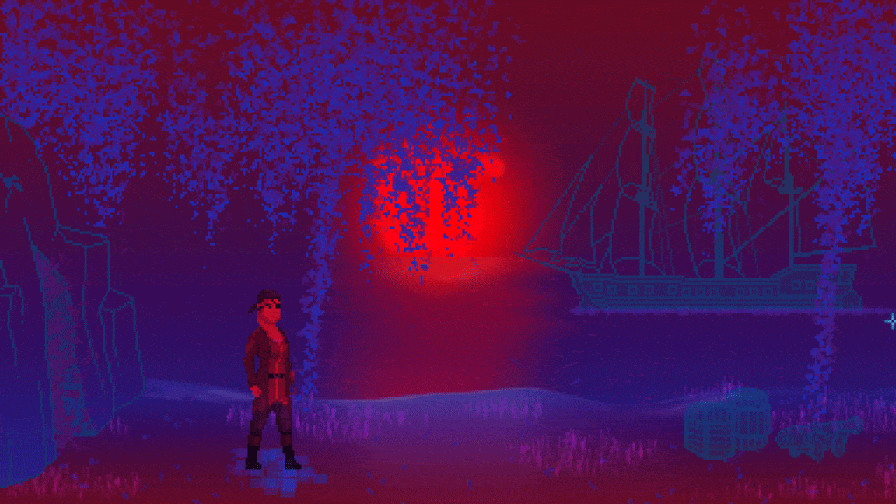 A mysterious figure stands in a red and blue dreamscape with a ghostly ship