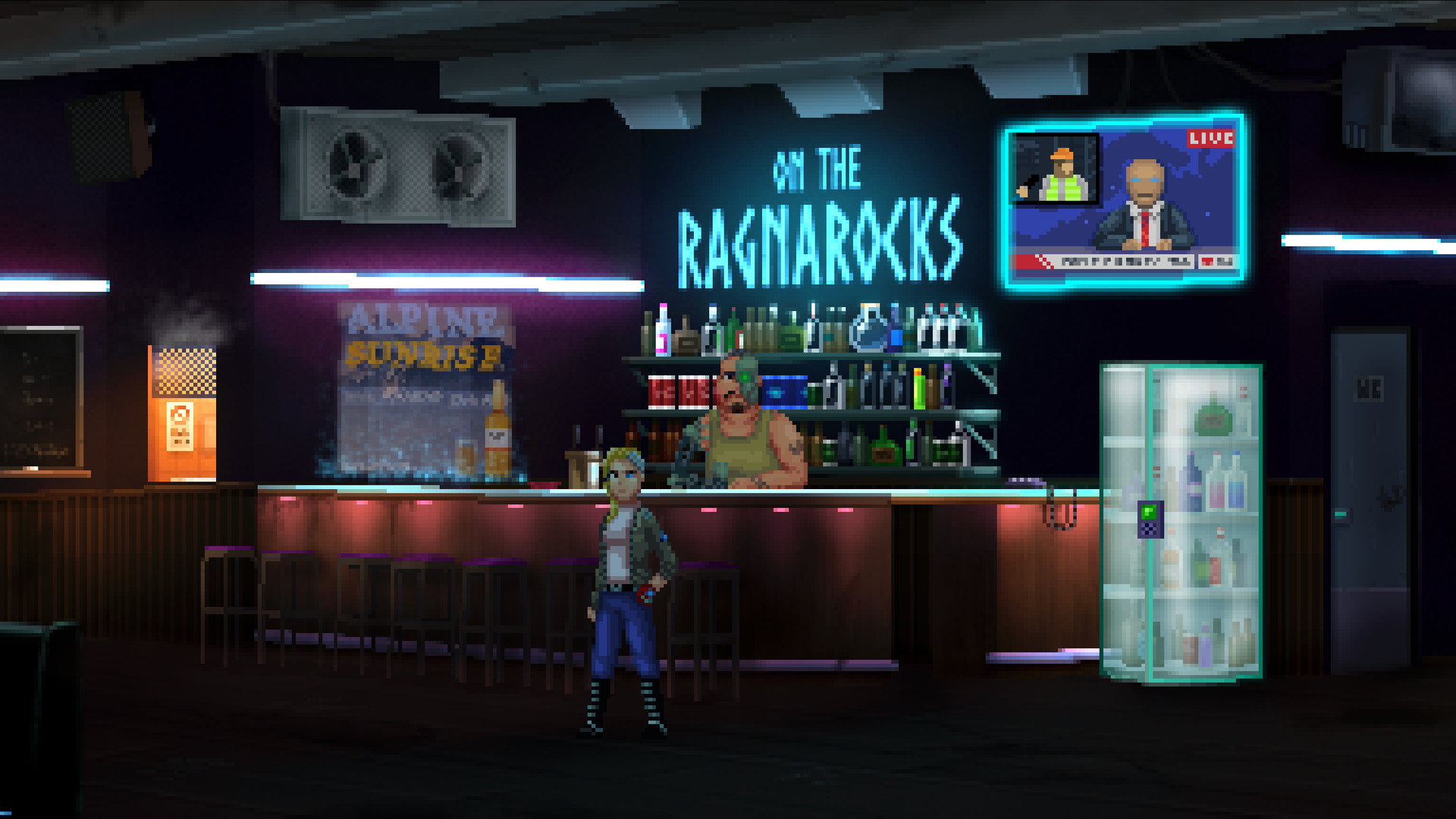 A neon-lit cyberpunk bar called On The Ragnarocks