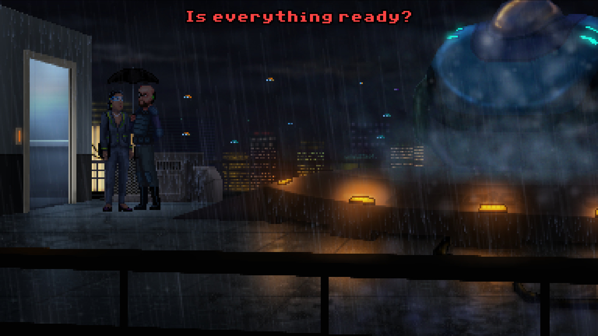 A rainy rooftop conversation under neon lights