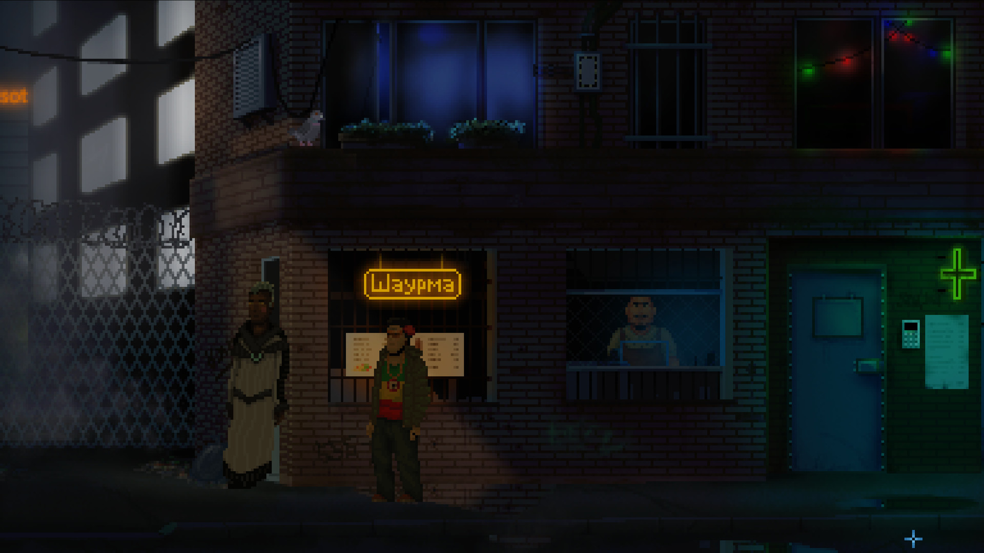 A neon-lit night street with characters and glowing signs