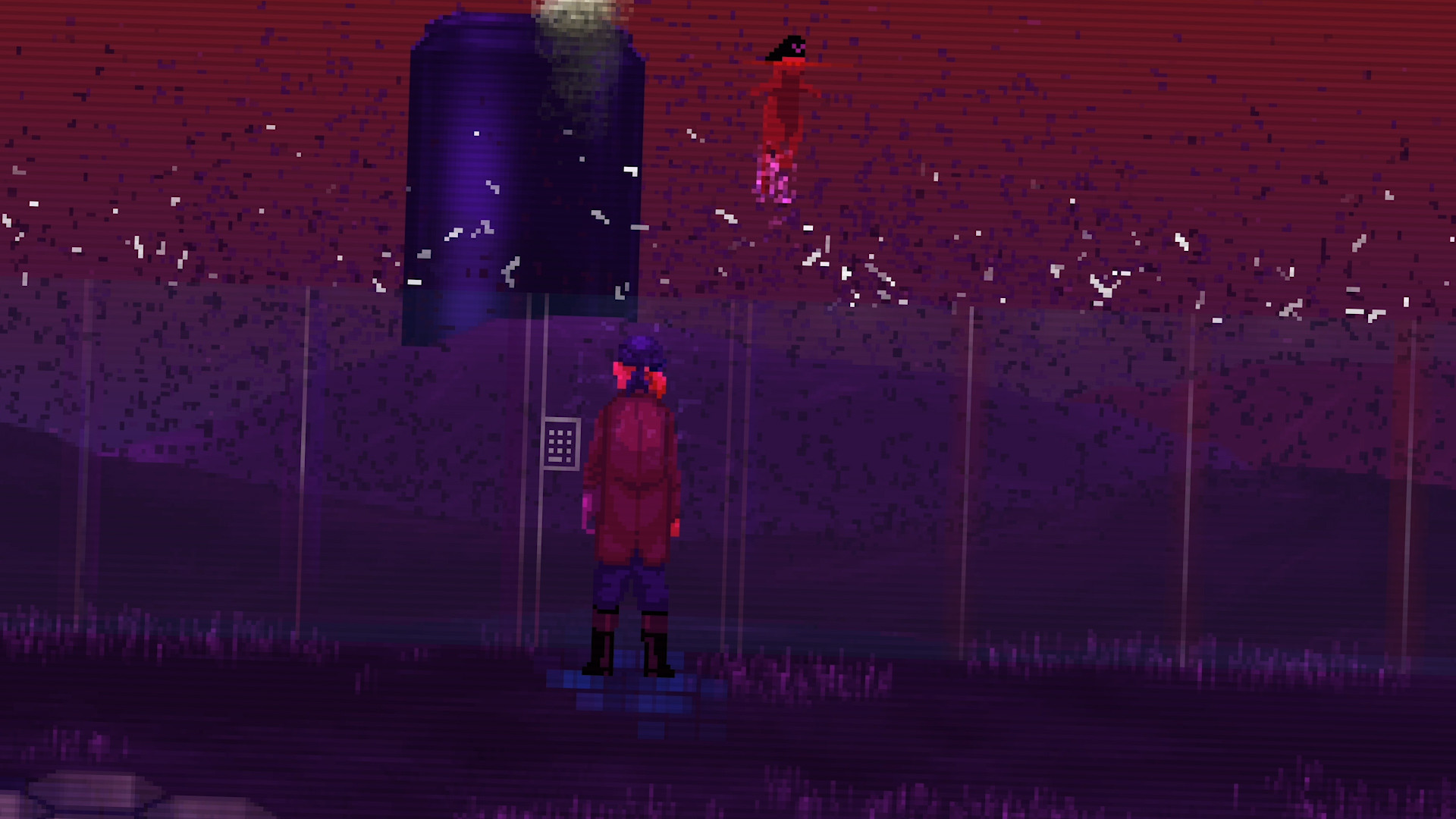 A figure faces a supernatural entity in a glitching red void